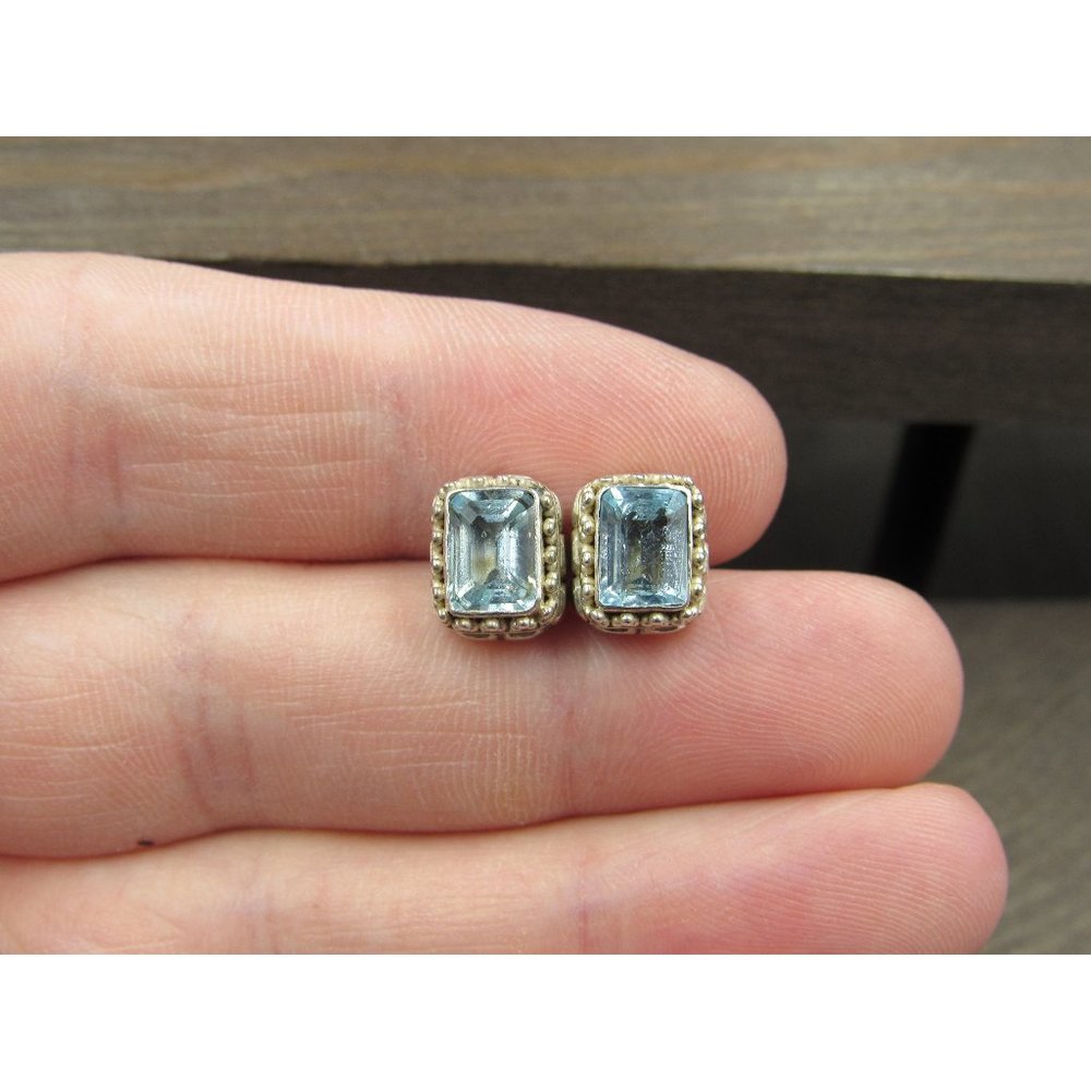 Sterling Silver Tarnished Worn Rectangle Topaz Stud E… Gem